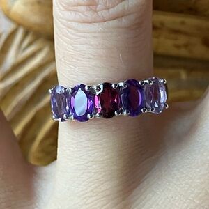 Natural Garnet Amethyst Sterling Silver Ring Size 6.75